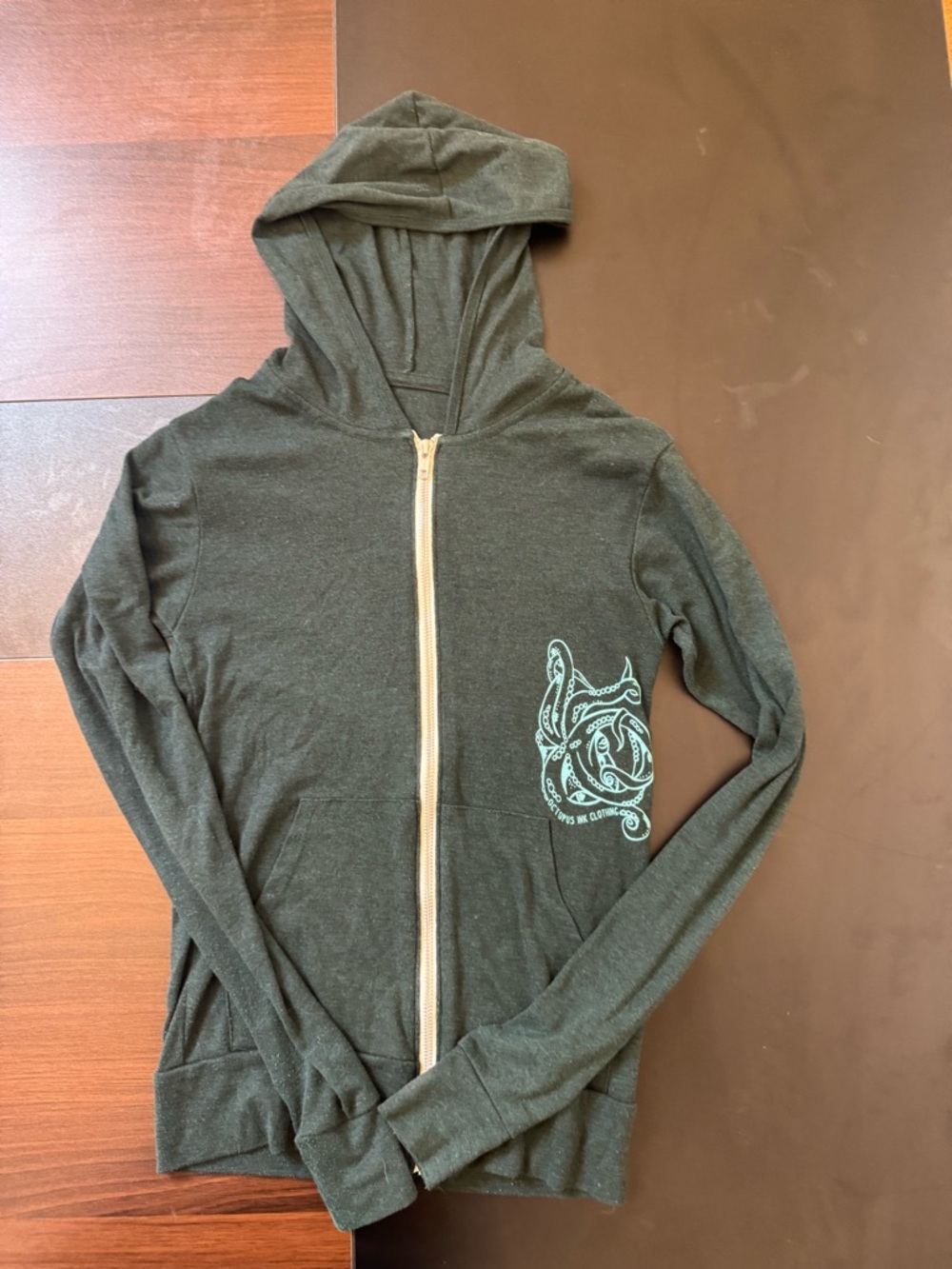 Dark Green Zip Hoodie with Teal Graphic - Octopus Ink made this in Alaska